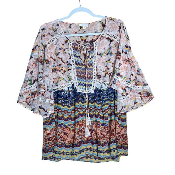 Anthropologie Meadow Rue Blouse Sz L Boho Floral Patchwork Crochet Peasant Top - Picture 1 of 10